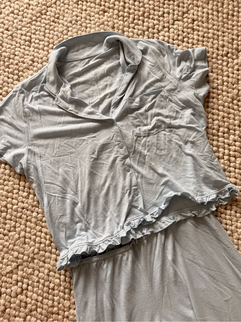 Sky Blue Women's Pajama Set- Soft Ruffle Detail